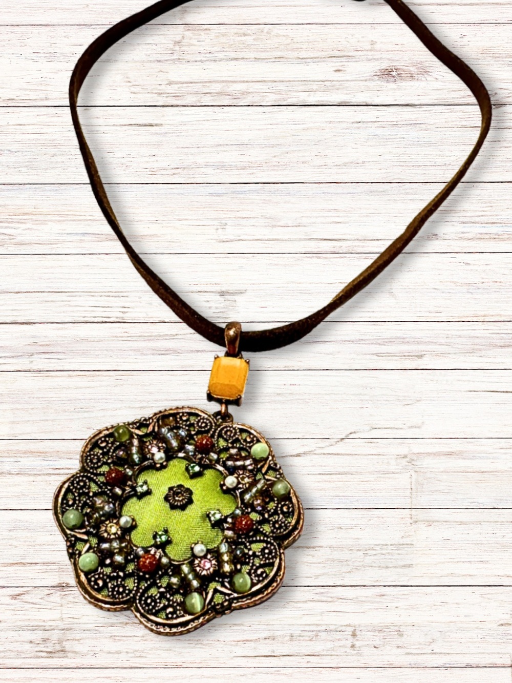 HANDCRAFTED NECKLACE Pendant Cord Choker Green Bronze Metal With Accent Beads